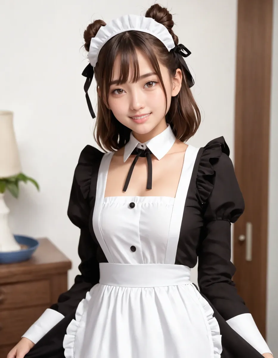 A photorealistic portrait of a Japanese girl with brown braided bun hair wearing a traditional maid outfit with white frills and black puffy sleeves, smiling lightly indoors.