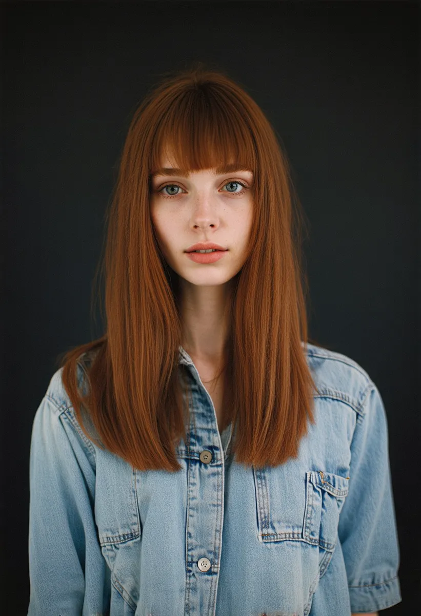 High-resolution portrait of a woman with long auburn hair and bangs, wearing a denim jacket against a dark background, focusing on her eyes.