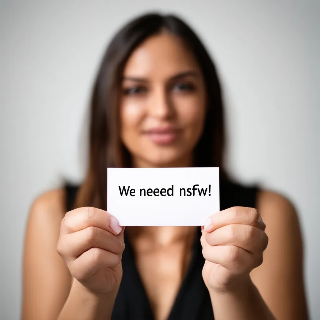A woman holding a white card with the text 'We neeed nsfw!' written on it, with the focus on the hands and card in front.