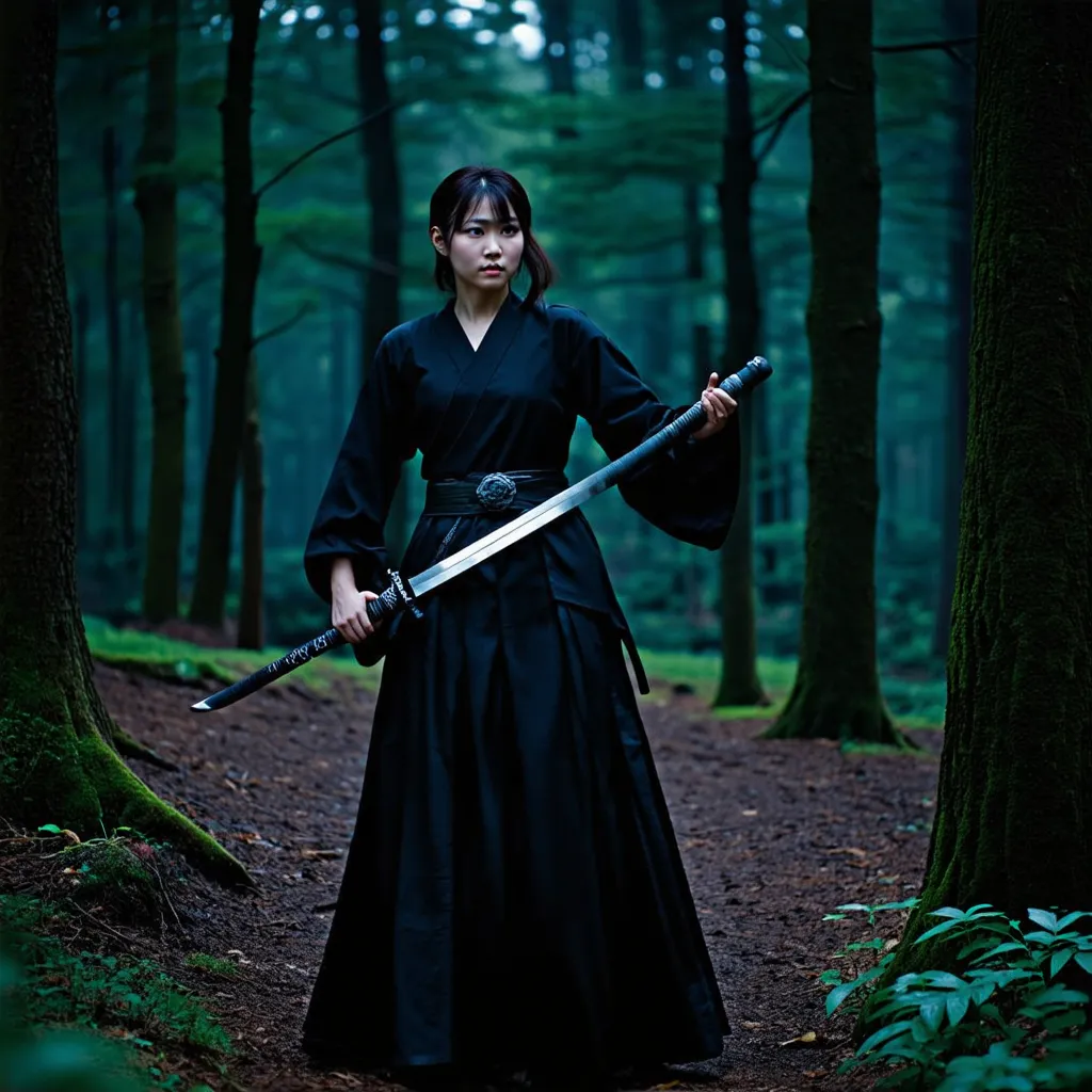 A Japanese woman dressed in traditional black samurai attire holding a katana sword with both hands, standing in a dense dark forest and looking angrily to the right.