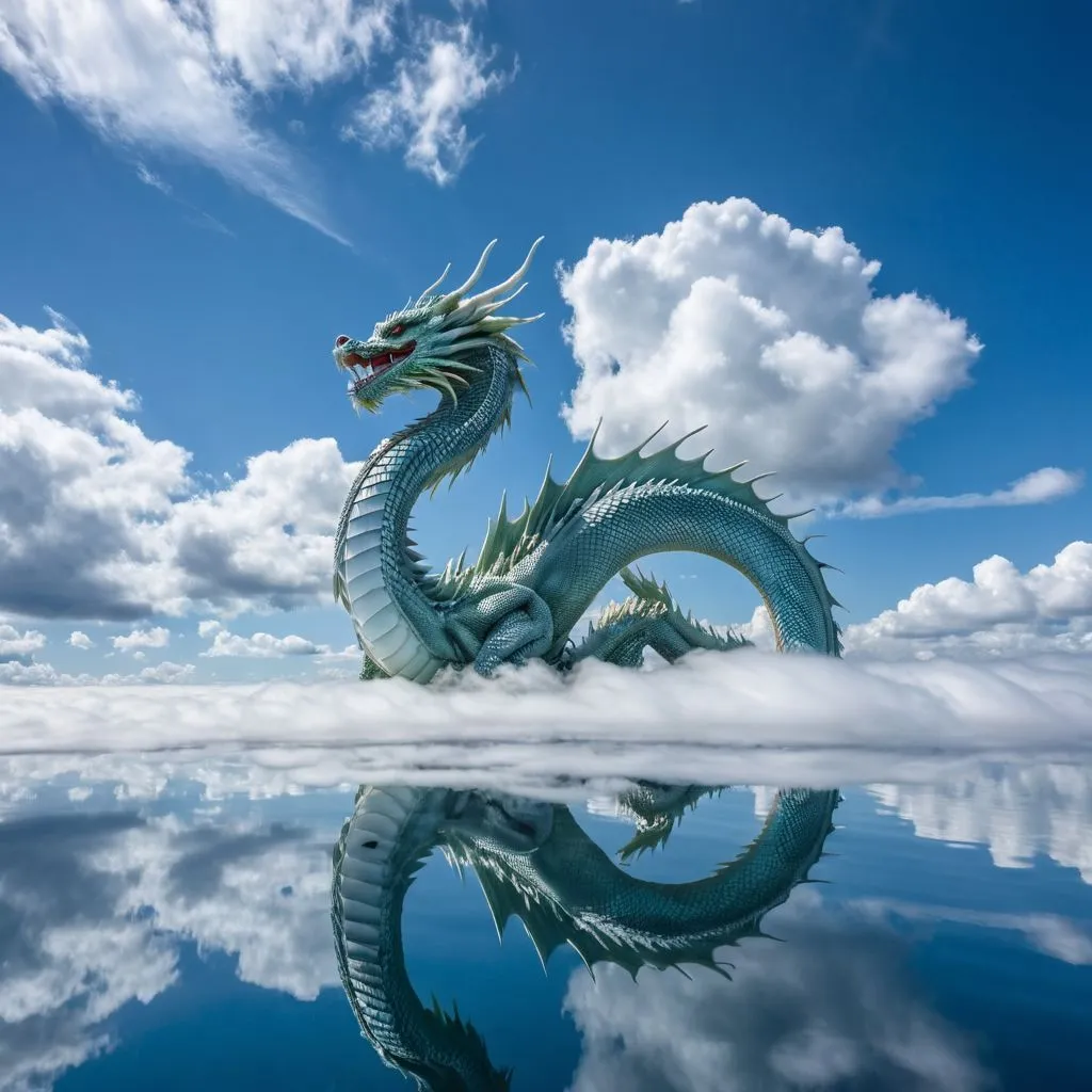 A majestic water dragon rises gracefully amidst clouds under a clear blue sky, with its reflection mirrored perfectly on a water surface below.