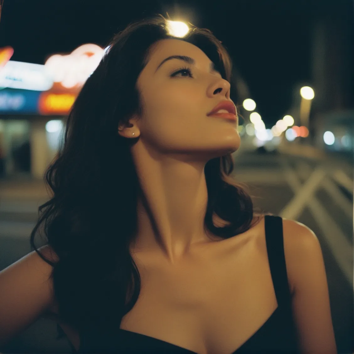 Ultrarealistic candid photo of a Colombian woman at night captured with fill flash, highlighting themes of desire and longing with a 35mm lens.