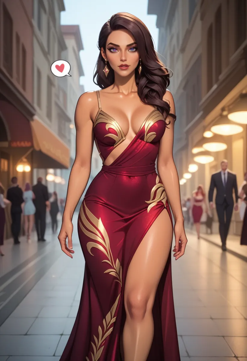 A mature woman with dark layered hair and purple eyes wearing a red long dress with gold patterns, standing in an urban setting with blurred pedestrians behind.