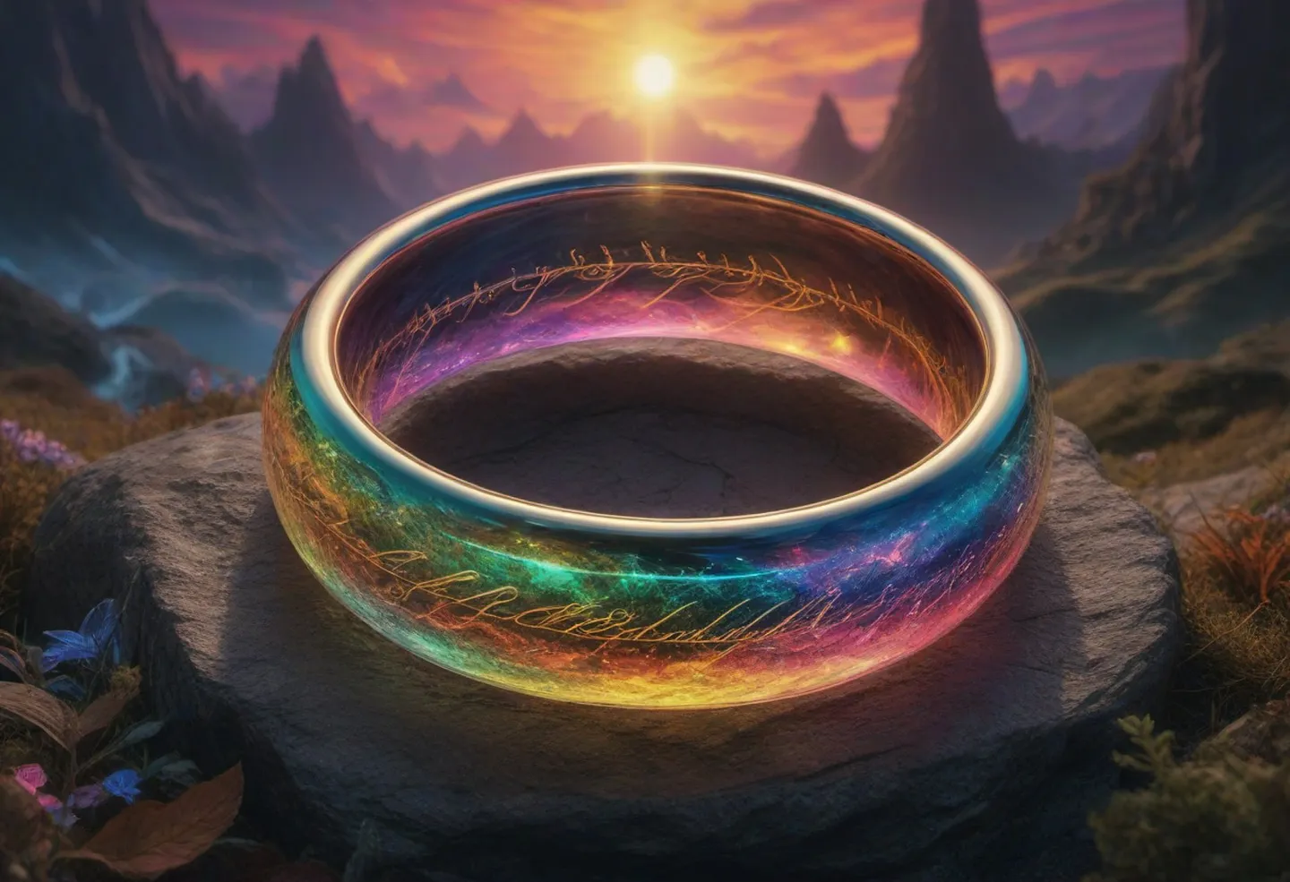 A detailed prismatic and psychedelic one ring from the Lord of the Rings movies, resting on a stone with a sunset and mountainous fantasy landscape background.
