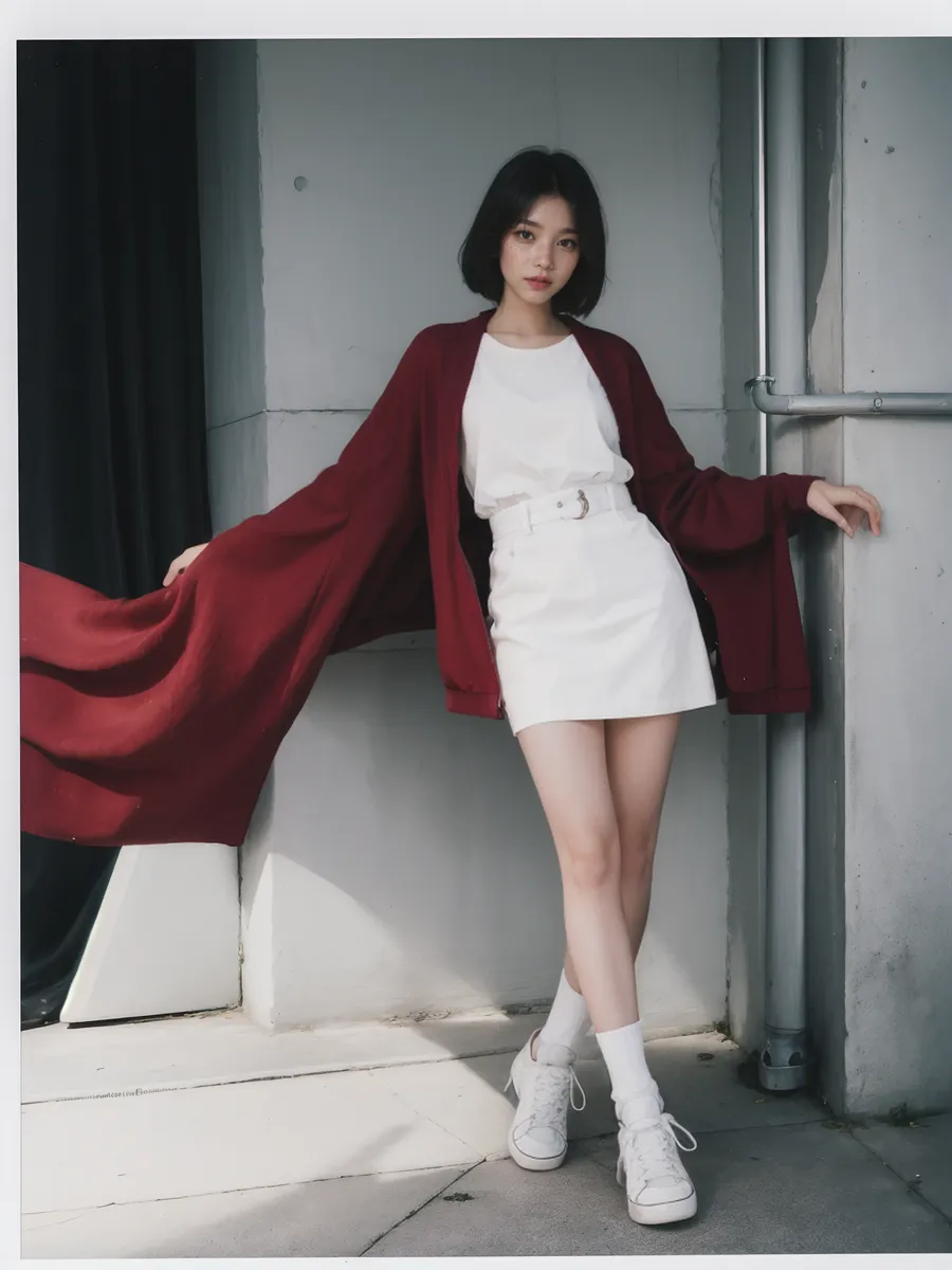 Full body portrait of a Korean female model in a studio setting, wearing a white dress with a belt, white socks, white sneakers, and a flowing red cardigan, posing against a simple gray wall with minimalistic decor.