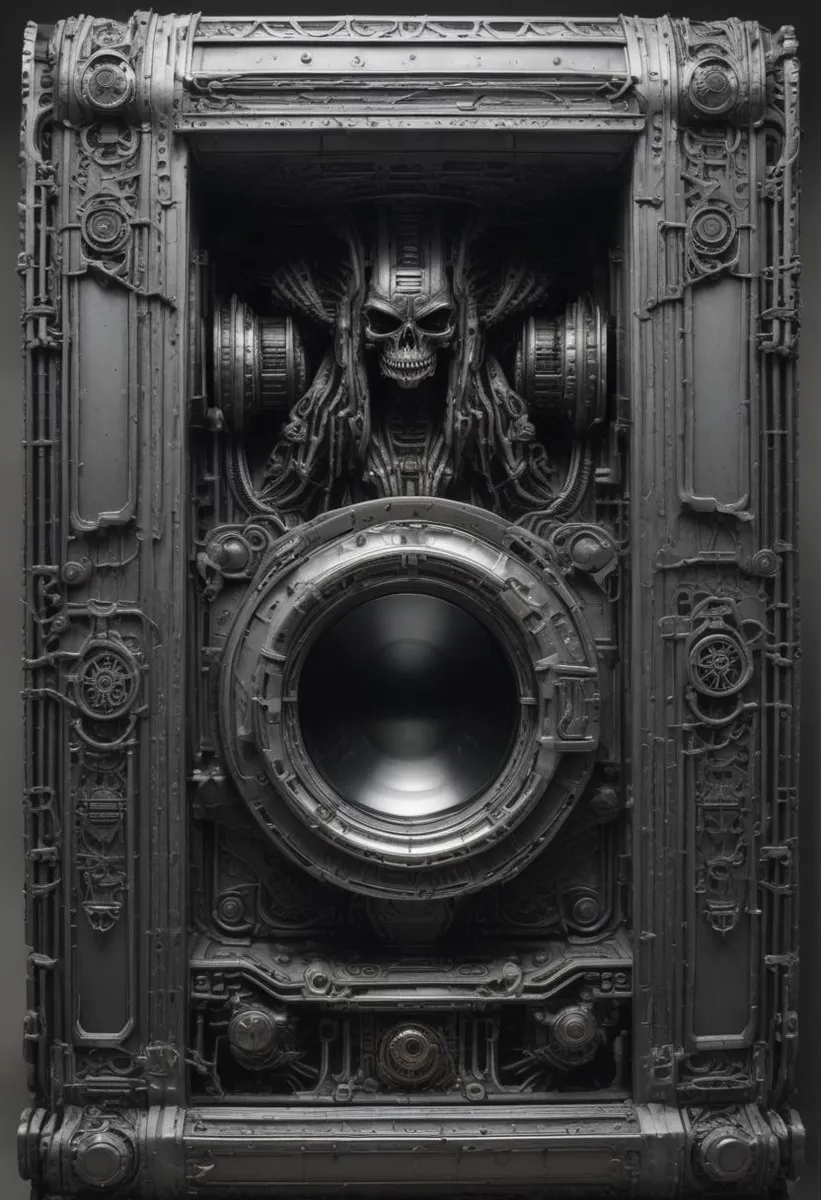 A biomechanical washing machine with detailed mechanical parts and a menacing skull integrated into its design, inspired by H.R. Giger's dark biomechanical art style.