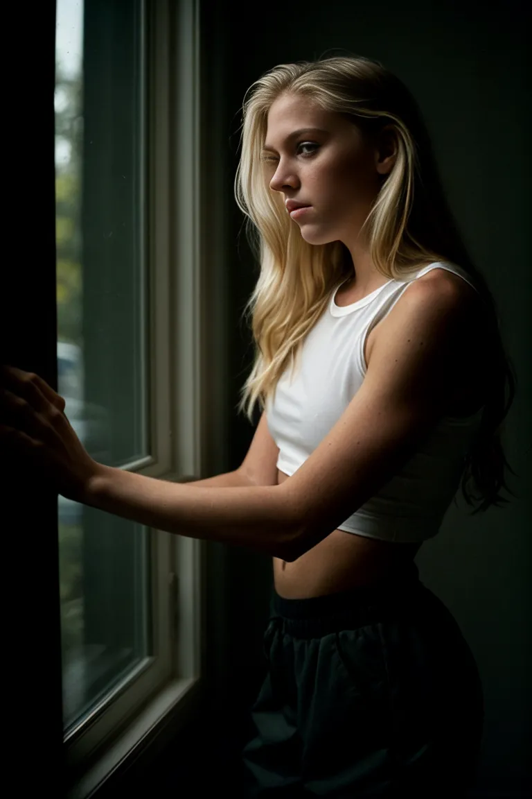 A hyper realistic photograph of a tall, athletic blonde girl wearing a white crop top and dark pants, standing by a window at night, deep in thought with soft shadows and film grain effect.