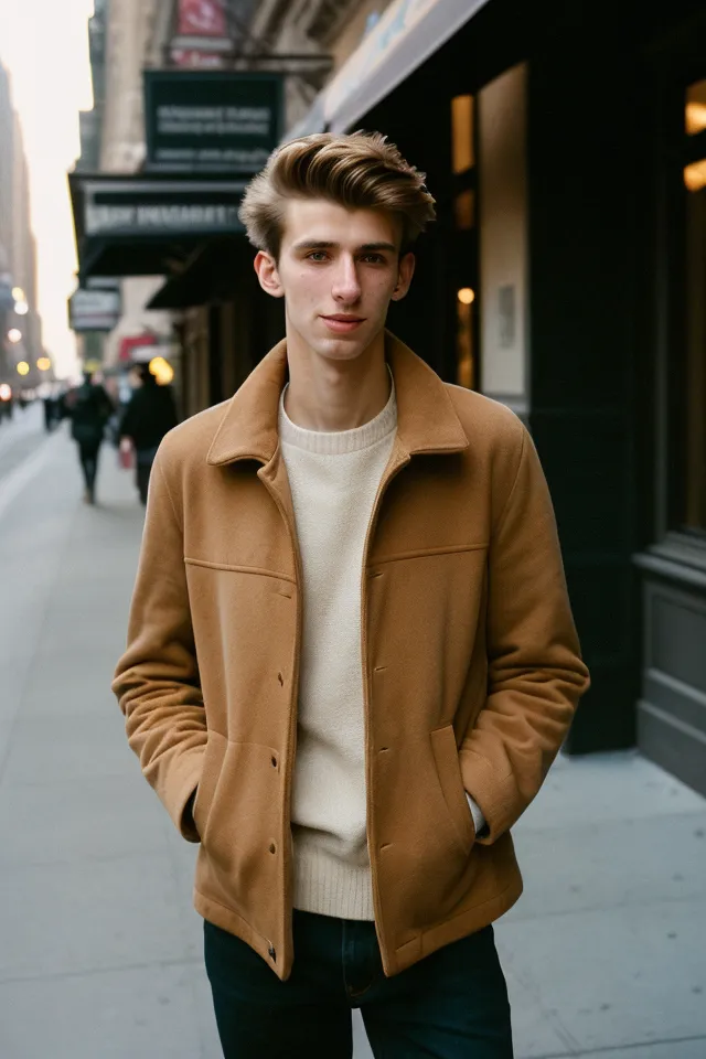 Photo of a young man in a camel winter coat and cream sweater standing on a New York sidewalk, with a blurred urban background and dim cloudy light.