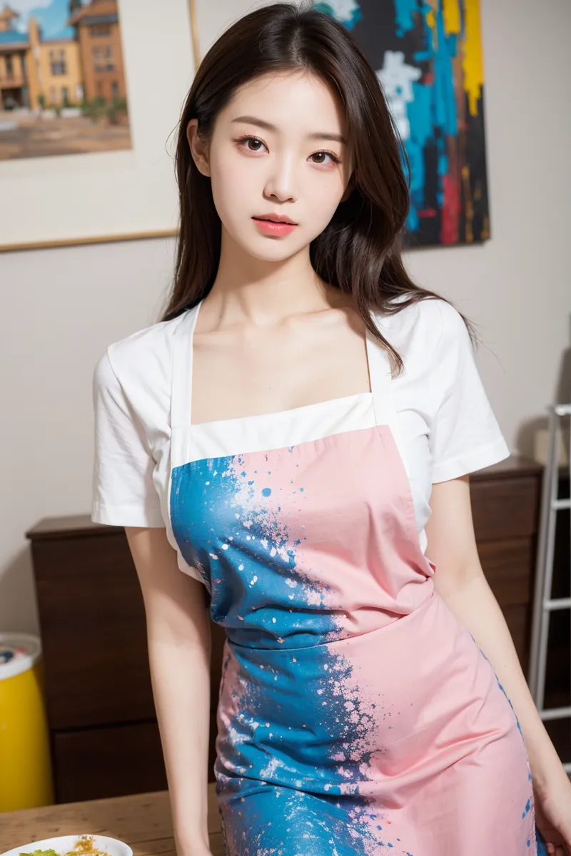 Portrait of a Chinese girl with brown hair and realistic skin, wearing a white top and a paint-splattered apron in vibrant blue and pink colors.