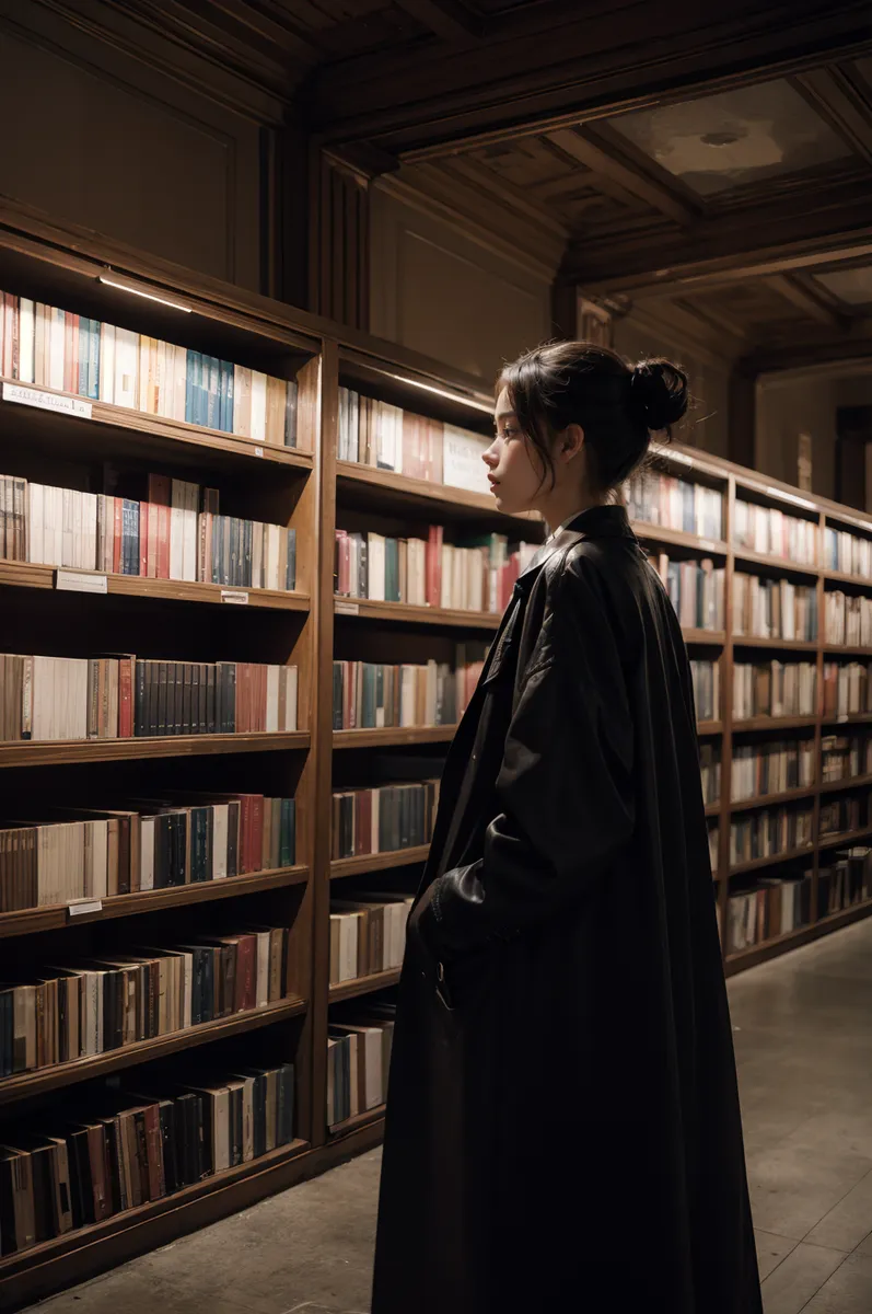 Young woman in a long black coat standing thoughtfully in a library aisle with tall wooden bookshelves filled with books under warm lighting.