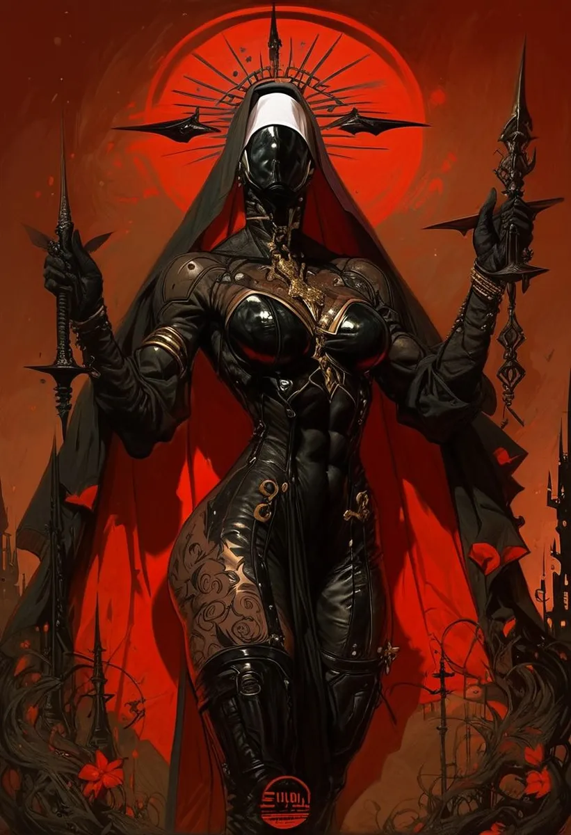 A sci-fi warrior satanic nun clad in a black dark habit catsuit and gold stiletto platform thigh boots, with an eyeless mask and elaborate crown, stands in front of a red eclipse inside a dark cathedral.