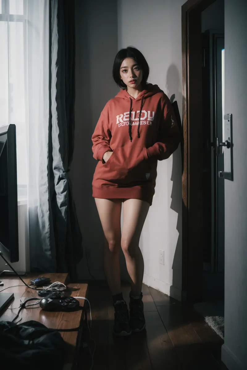 Photorealistic image of a gamer girl wearing a red hoodie standing indoors near a gaming setup, with red lipstick and a dynamic pose.