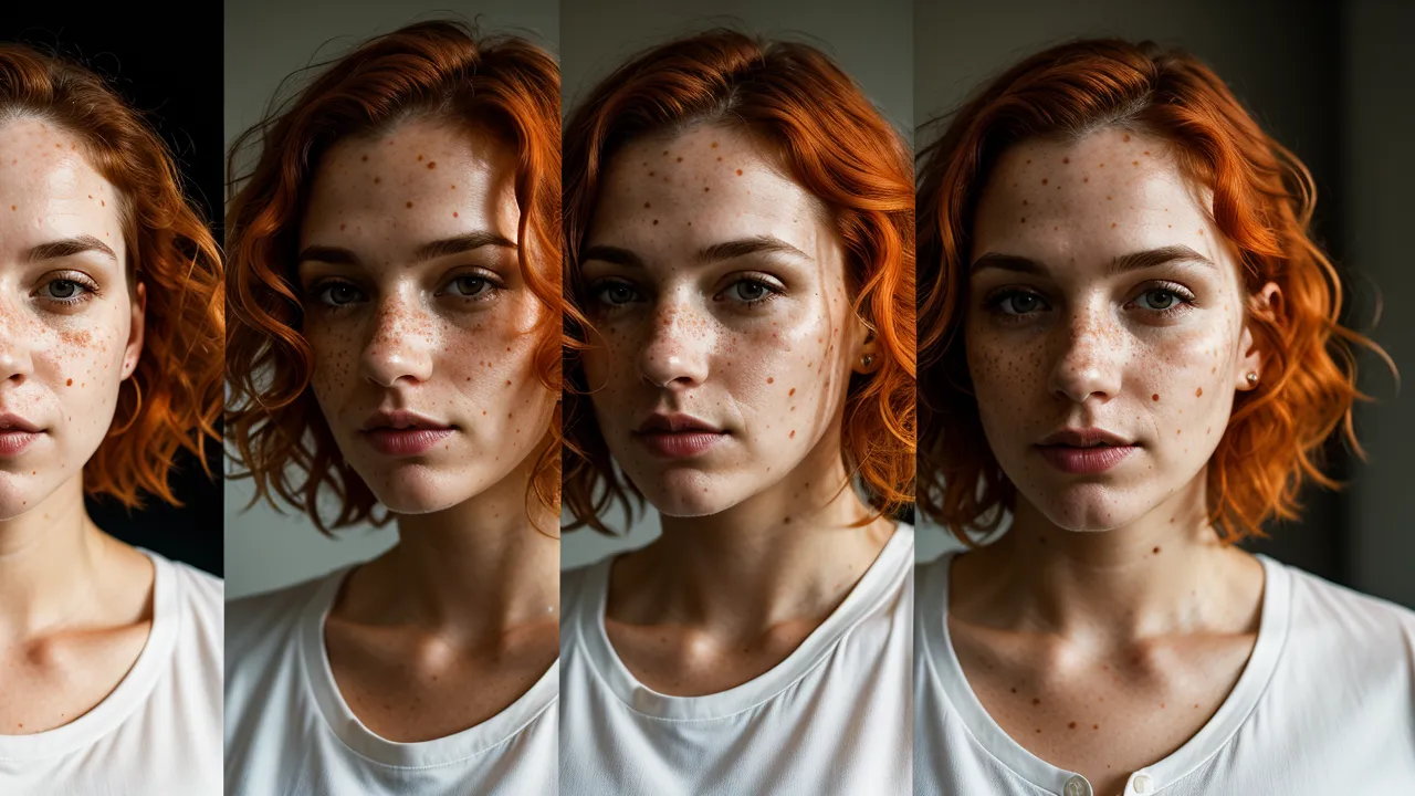 Closeup split portrait of a 32-year-old white female with orange curly hair, freckles, wearing a gray shirt, under dramatic cinematic lighting.