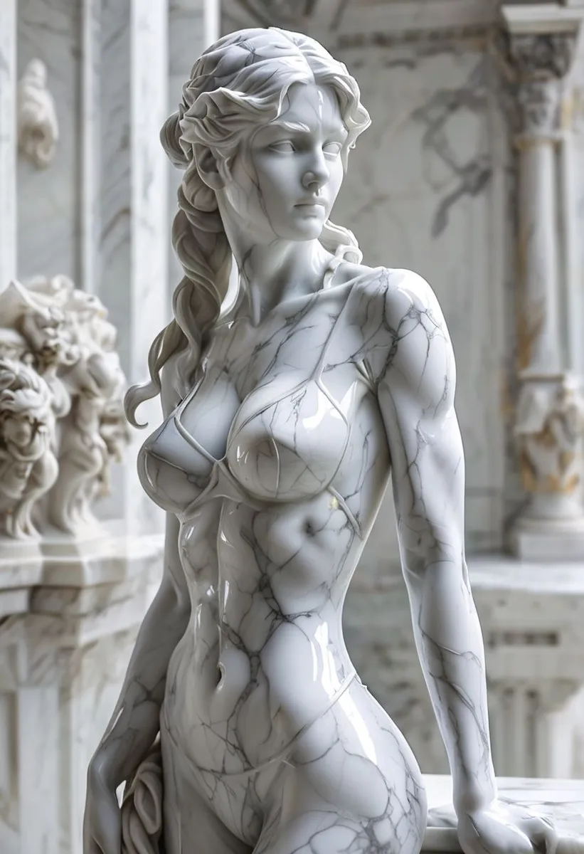 Full body marble statue of a female figure in Michelangelo style, featuring white marble skin with detailed veins and wet glossy effect.