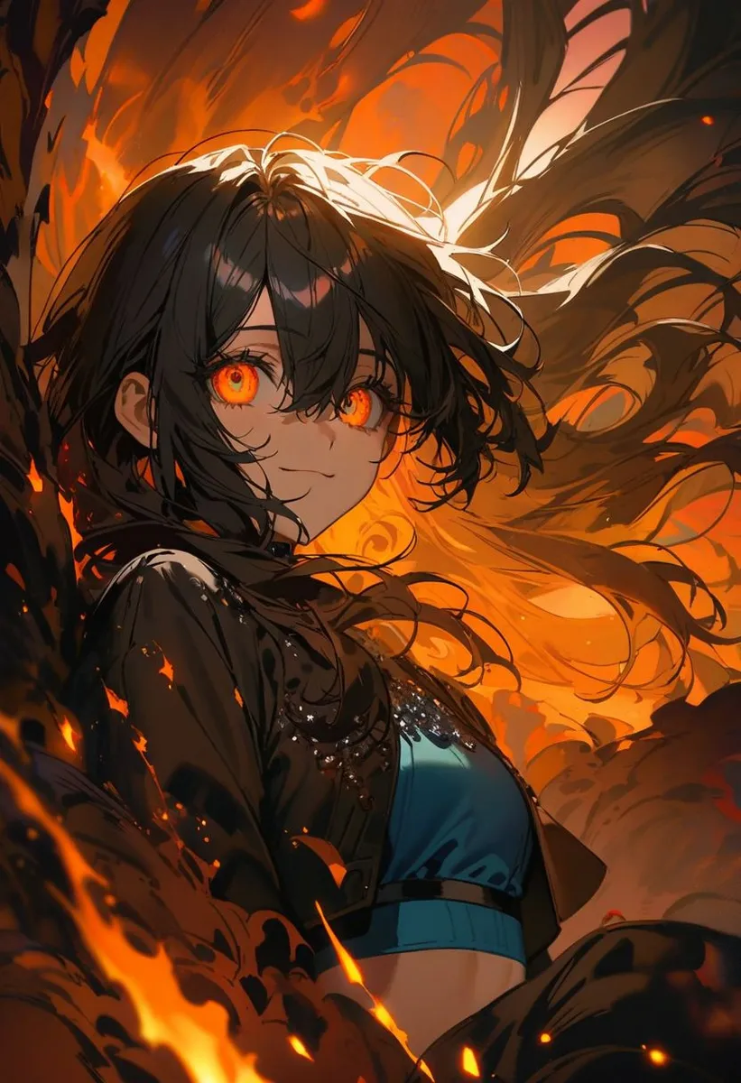 Close up of a girl with striking orange eyes and black hair wearing a sequin black crop top and blue outfit, surrounded by fiery flames and detailed lighting effects.
