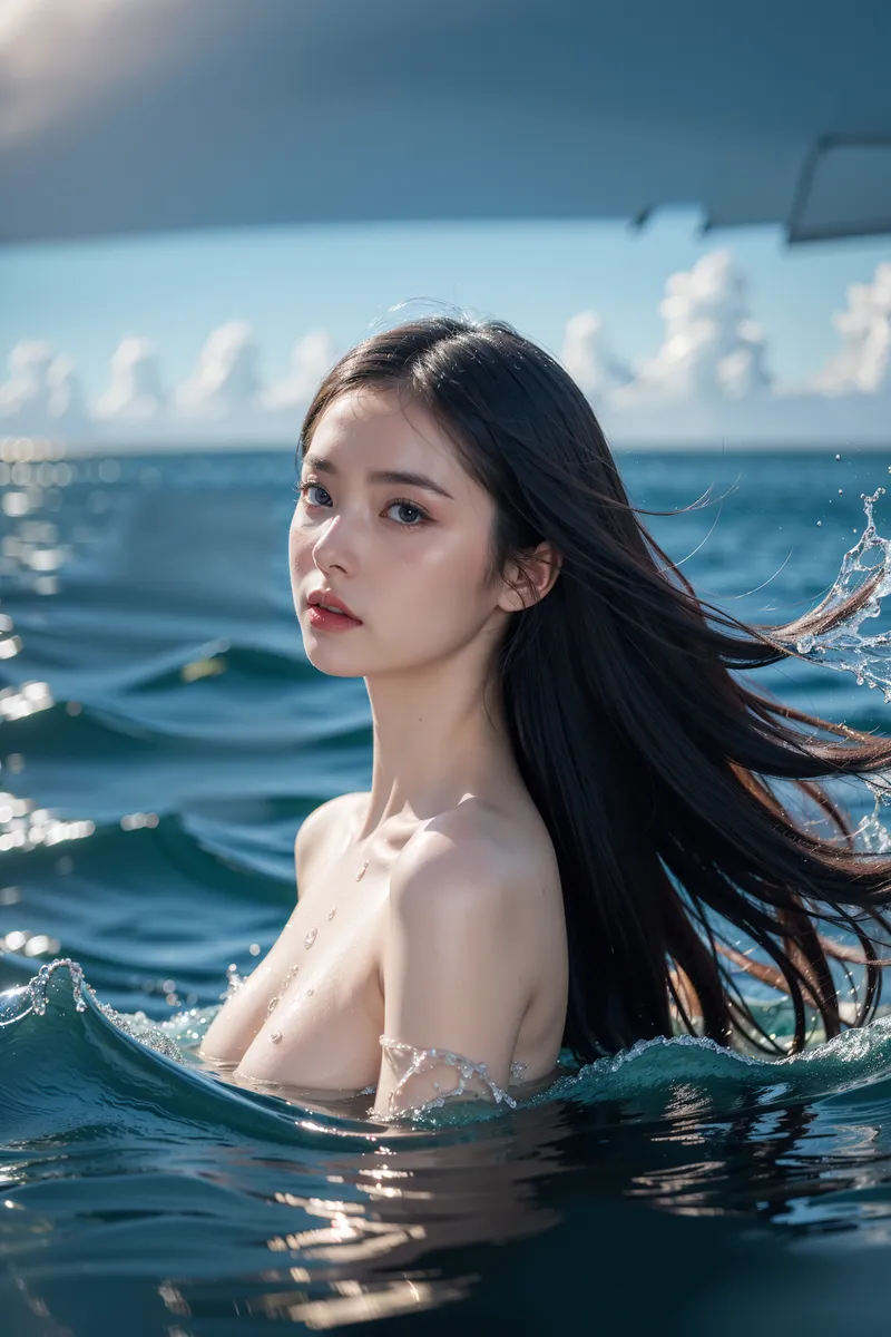 A girl with long flowing hair and wet shiny skin emerging from the ocean water, with cinematic lighting and water splashes highlighting her in high-resolution realism.