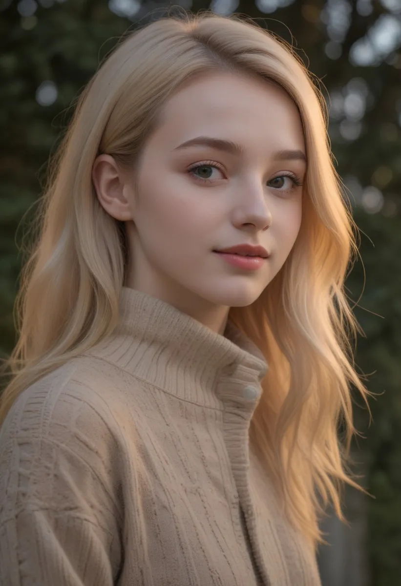 Young blonde woman with medium-length hair posing outdoors in soft dusk lighting, wearing a beige knitted sweater and smiling gently.