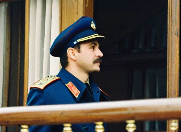 Side profile of a Soviet police officer wearing a blue uniform and cap with red and gold insignia, standing near a wooden railing in front of a window