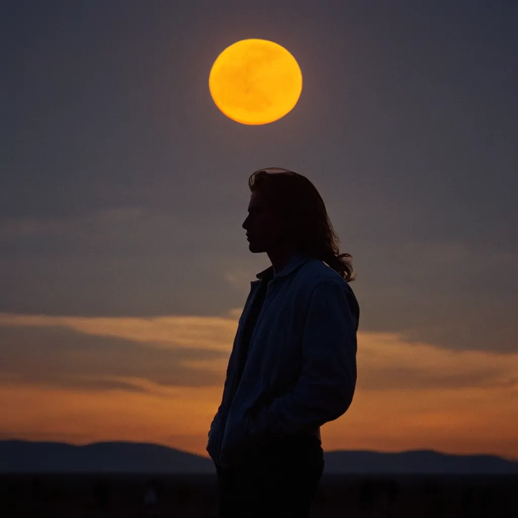 Silhouette of a person standing outdoors against a dramatic orange sun at sunset with cinematic backlighting and moody film grain effects.