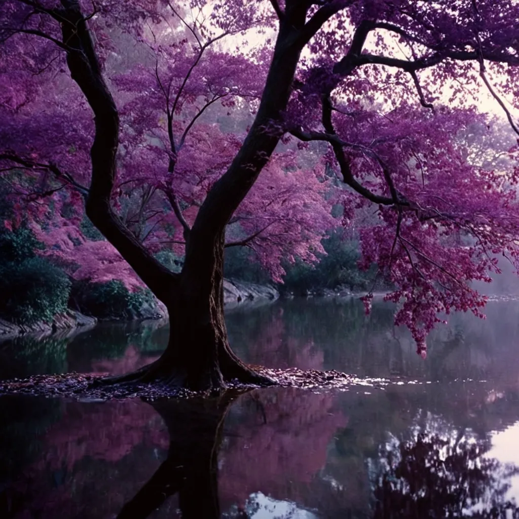 A cinematic scene of a tree with vibrant purple leaves reflecting in calm water, featuring chiaroscuro lighting and moody Kodak color film style.