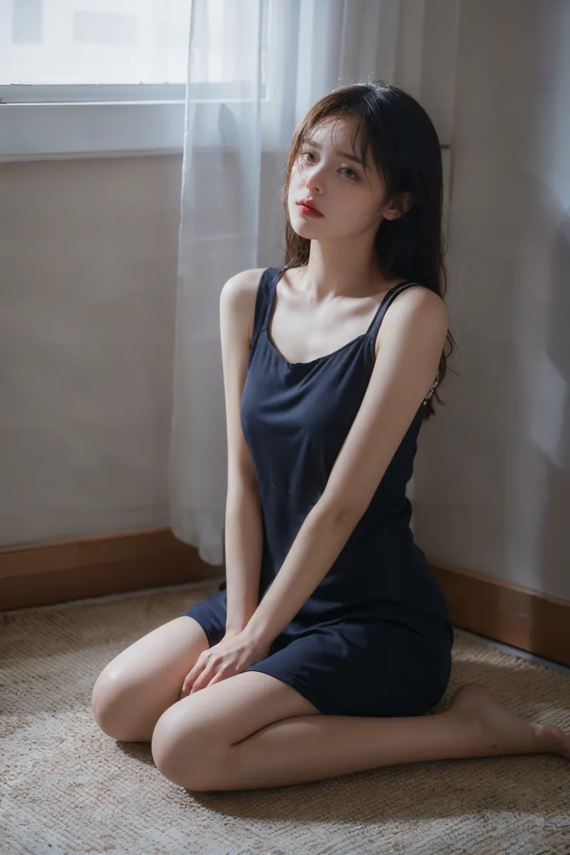 Photorealistic image of a sad girl with messy hair wearing a black nightgown, sitting on the floor by a window with transparent curtains in dim lighting.