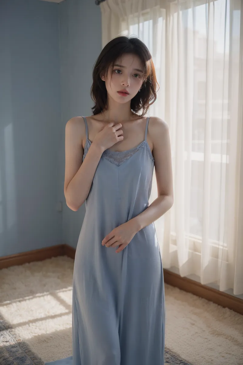 Young woman with messy hair wearing a light blue see-through dress standing in an empty room by a window with transparent curtains.