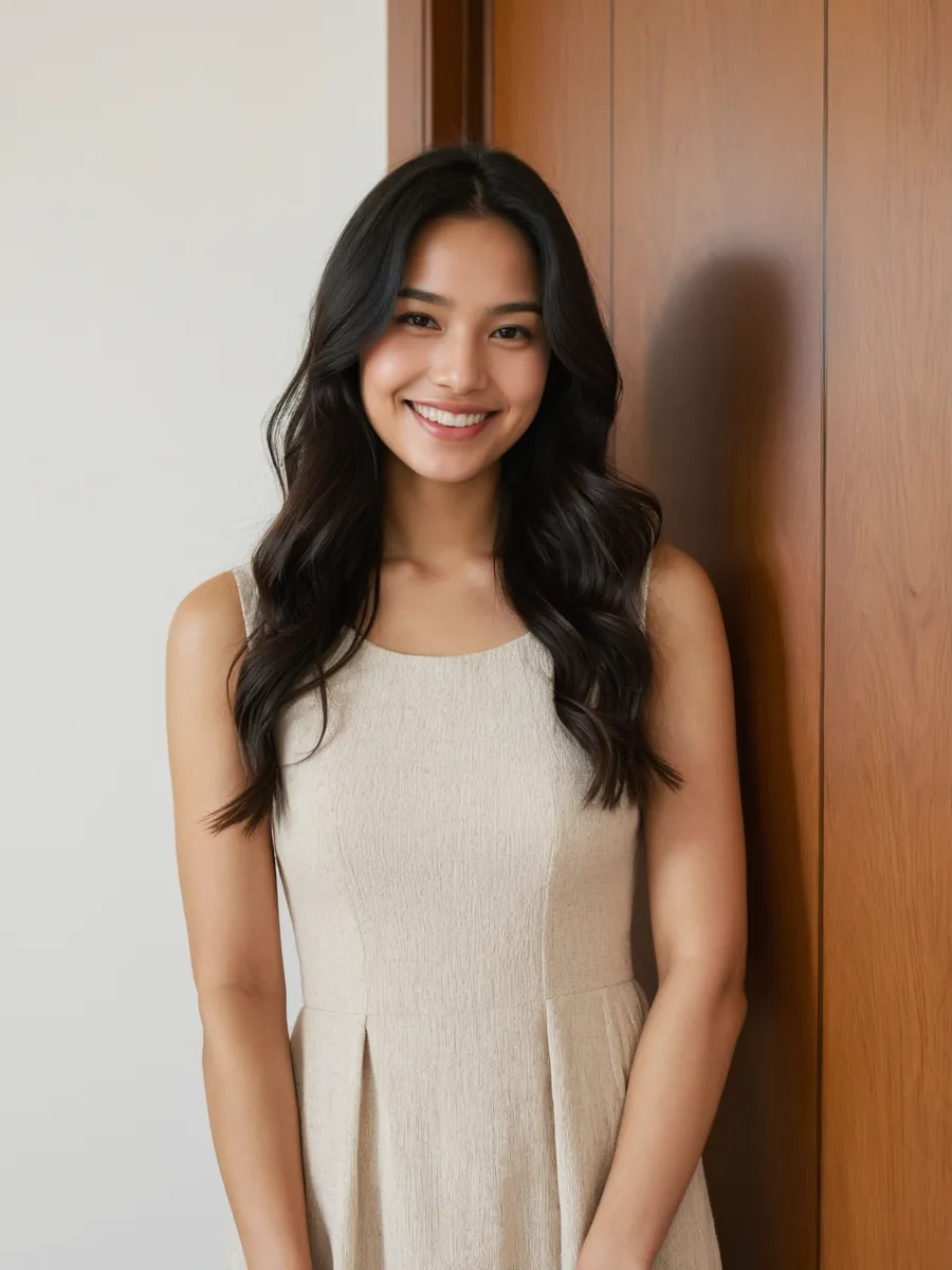 A young woman with long, wavy black hair wearing a sleeveless light-colored dress smiling, standing against a textured light wall next to a wooden door and window.