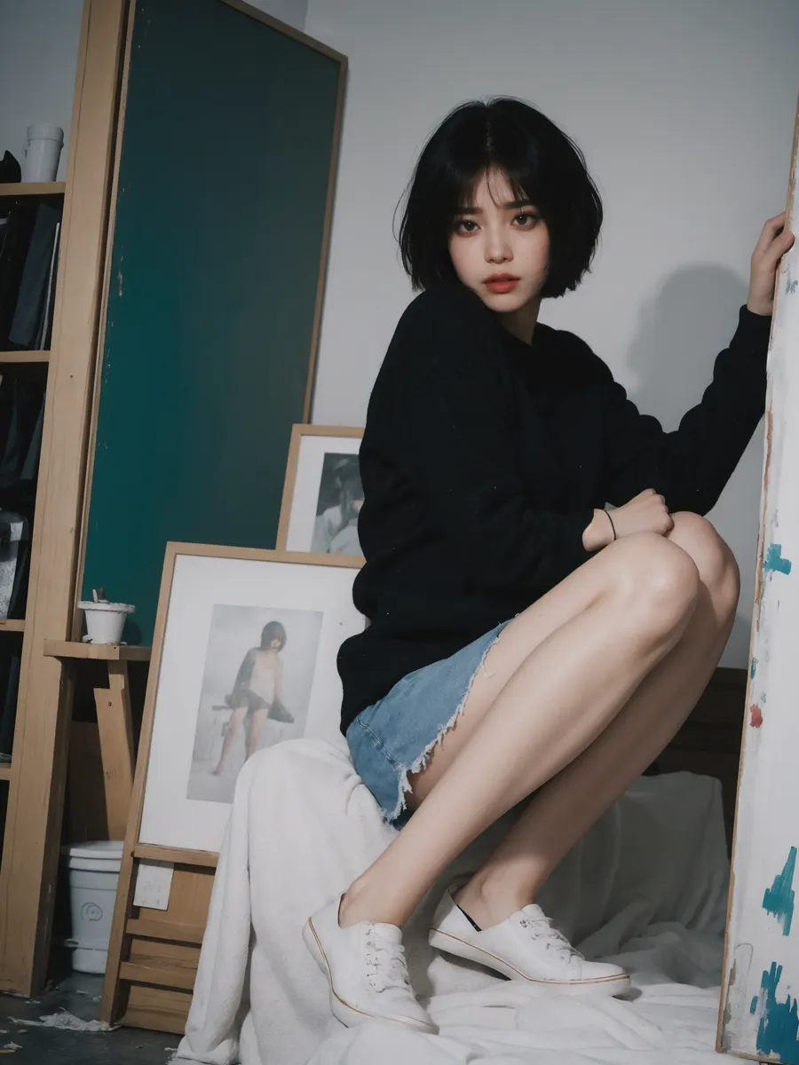 Retrato fotorrealista de uma artista feminina pequena com corte pixie, vestindo um suéter preto grande e shorts jeans, posando dinamicamente em seu ateliê cercada por obras de arte emolduradas.