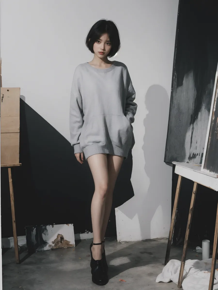 Photorealistic image of a young woman with a pixie cut wearing an oversized grey pullover, standing in an artist's atelier with paint and canvas around.