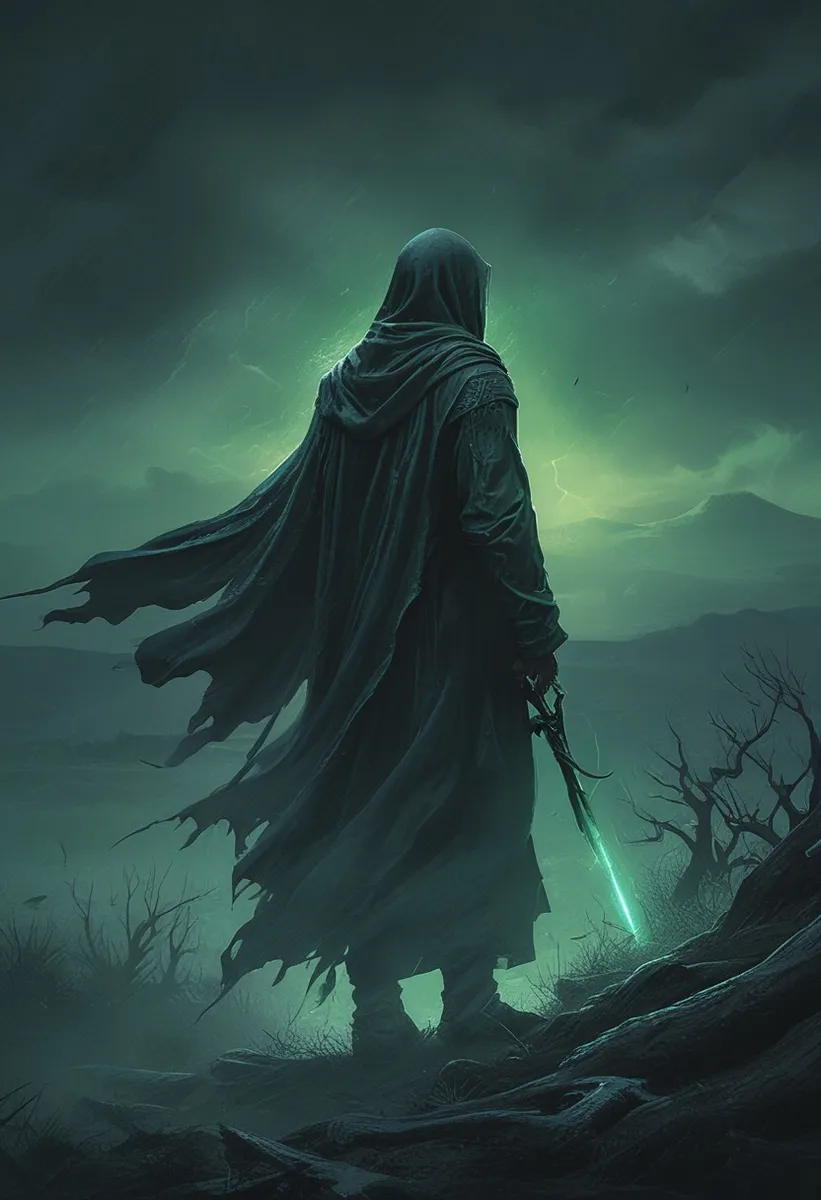 A shadowy figure wearing a dark, tattered cloak stands on a desolate, muddy heath under stormy twilight skies, holding a glowing green sword surrounded by green mist and dramatic lighting.