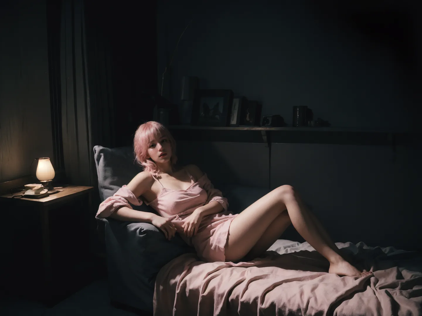 A photorealistic image of a woman with pink hair lounging on a bed in a dimly lit bedroom with a cozy atmosphere.