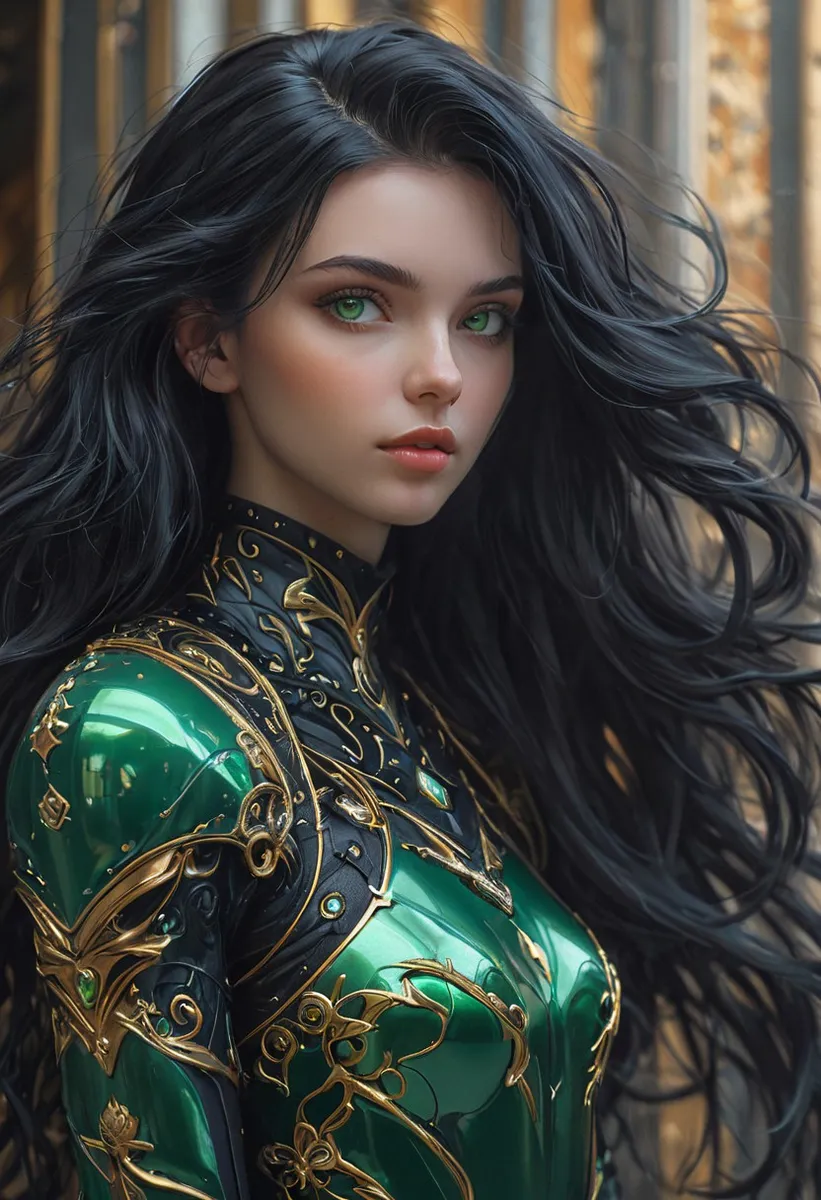 Portrait of a woman with flowing raven black hair and vivid green eyes wearing intricate green and gold fantasy armor with detailed ornate designs.