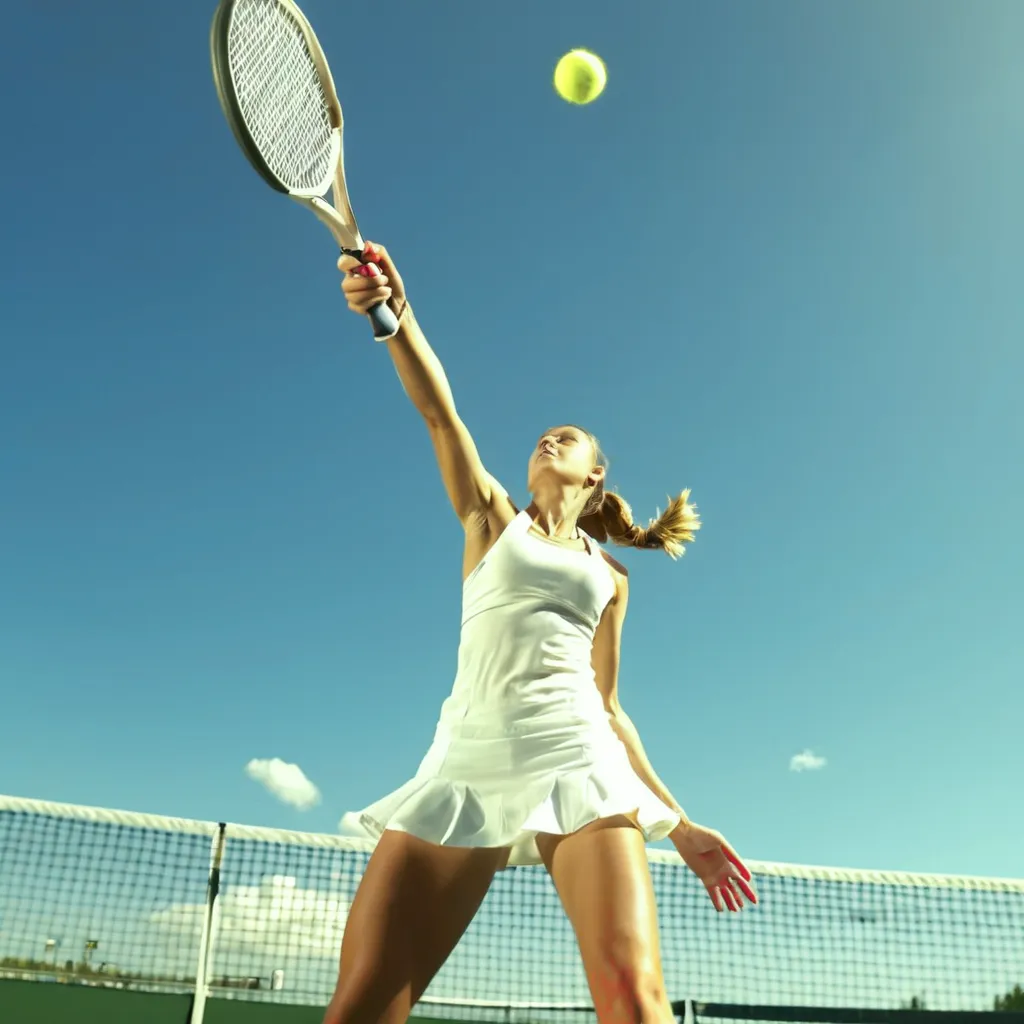 Female tennis player in white sportswear hitting a tennis ball with a racket under a bright sunny blue sky at an outdoor tennis court