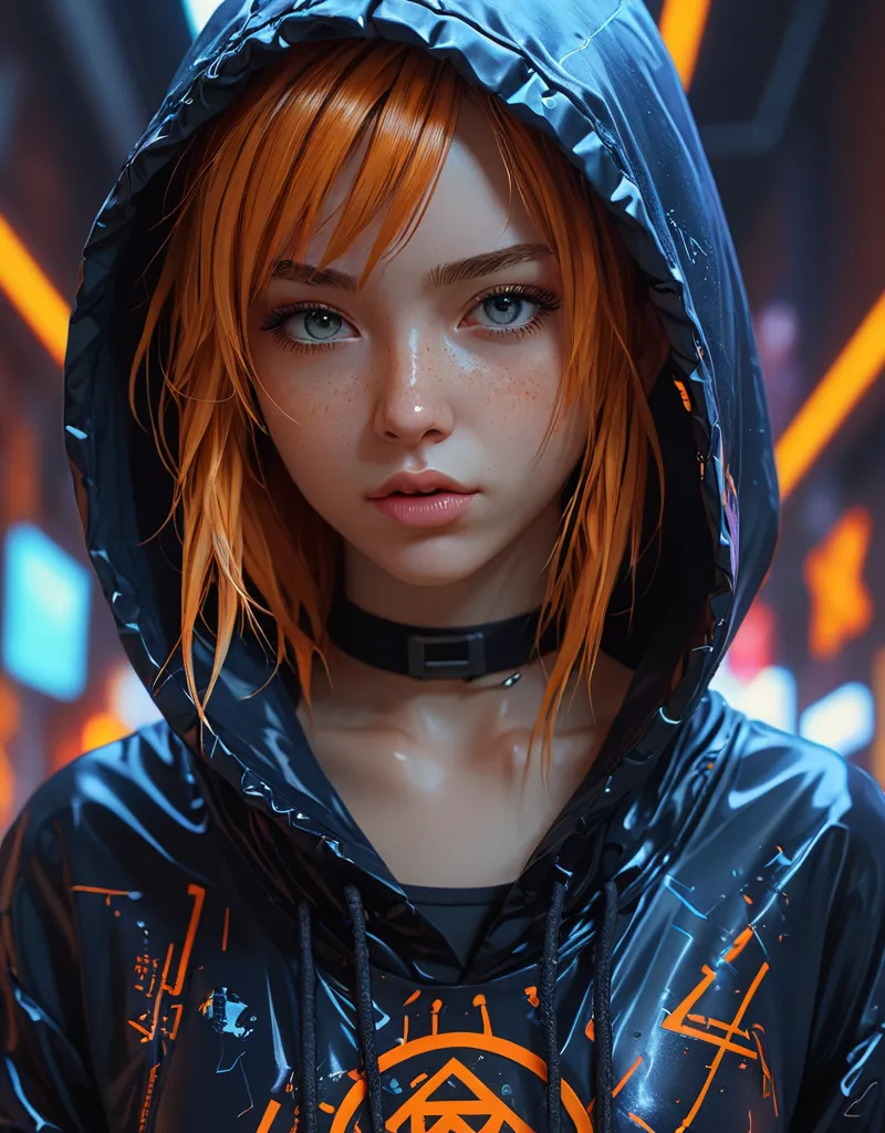Hyper-detailed cyberpunk girl portrait with messy orange hair under a dark hooded tunic, neon graffiti background, and high contrast side lighting.
