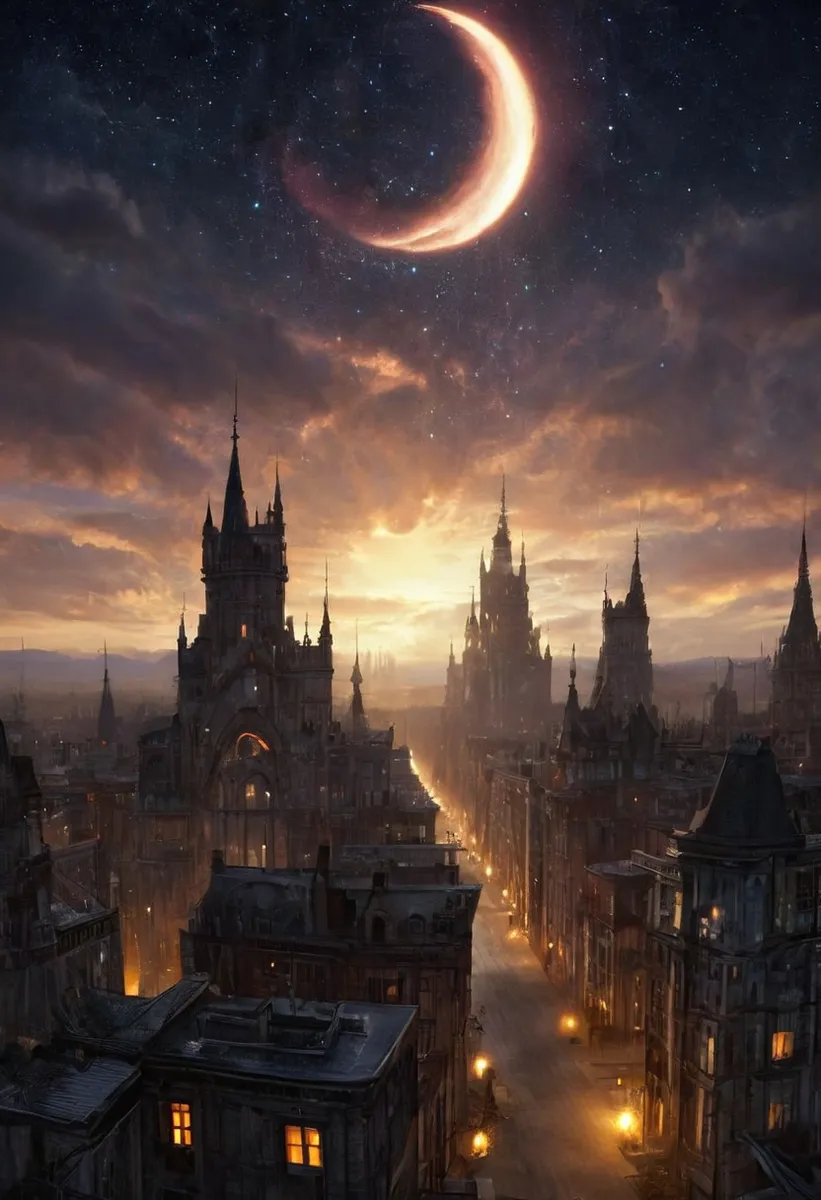 A gothic cityscape at twilight with glowing street lamps, dark towering buildings under a starry sky dominated by a large glowing crescent moon.