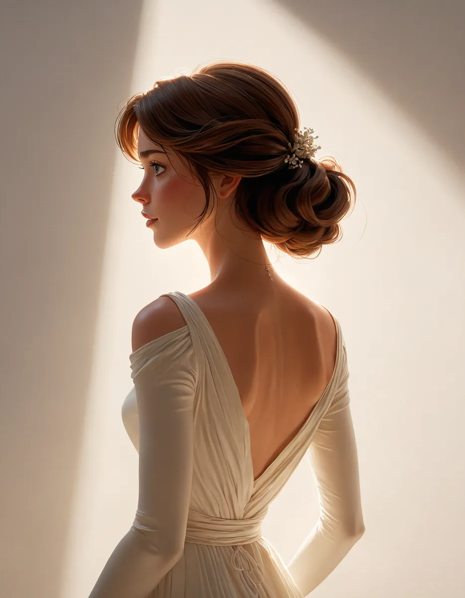A serene back view portrait of a woman with a hyper detailed hair bun, wearing an elegant off-shoulder dress, illuminated with soft shadow depth lighting.