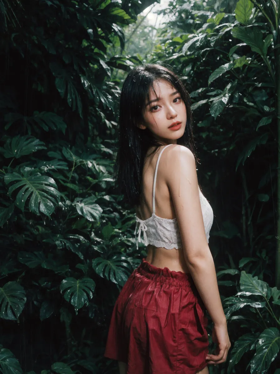Photorealistic image of a young woman in a white lace top and red shorts standing with her back slightly turned in a rainy, lush jungle environment with wet leaves surrounding her.