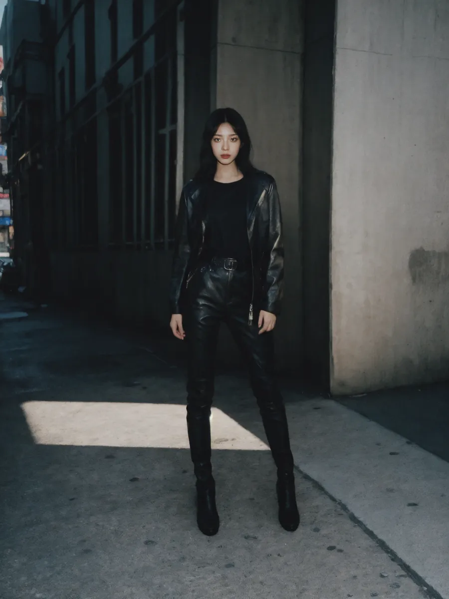 A fashion model wearing a black leather outfit and boots stands confidently in an urban New York street, illuminated by natural light.