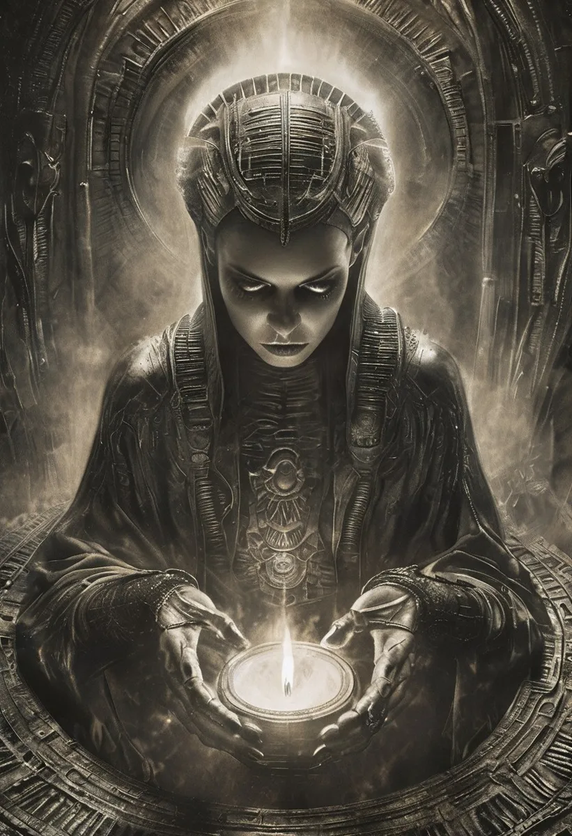 A grim-faced young sorceror in a black robe with a buzzcut, holding a glowing flame within a magic circle, surrounded by mist and mechanical portal elements.