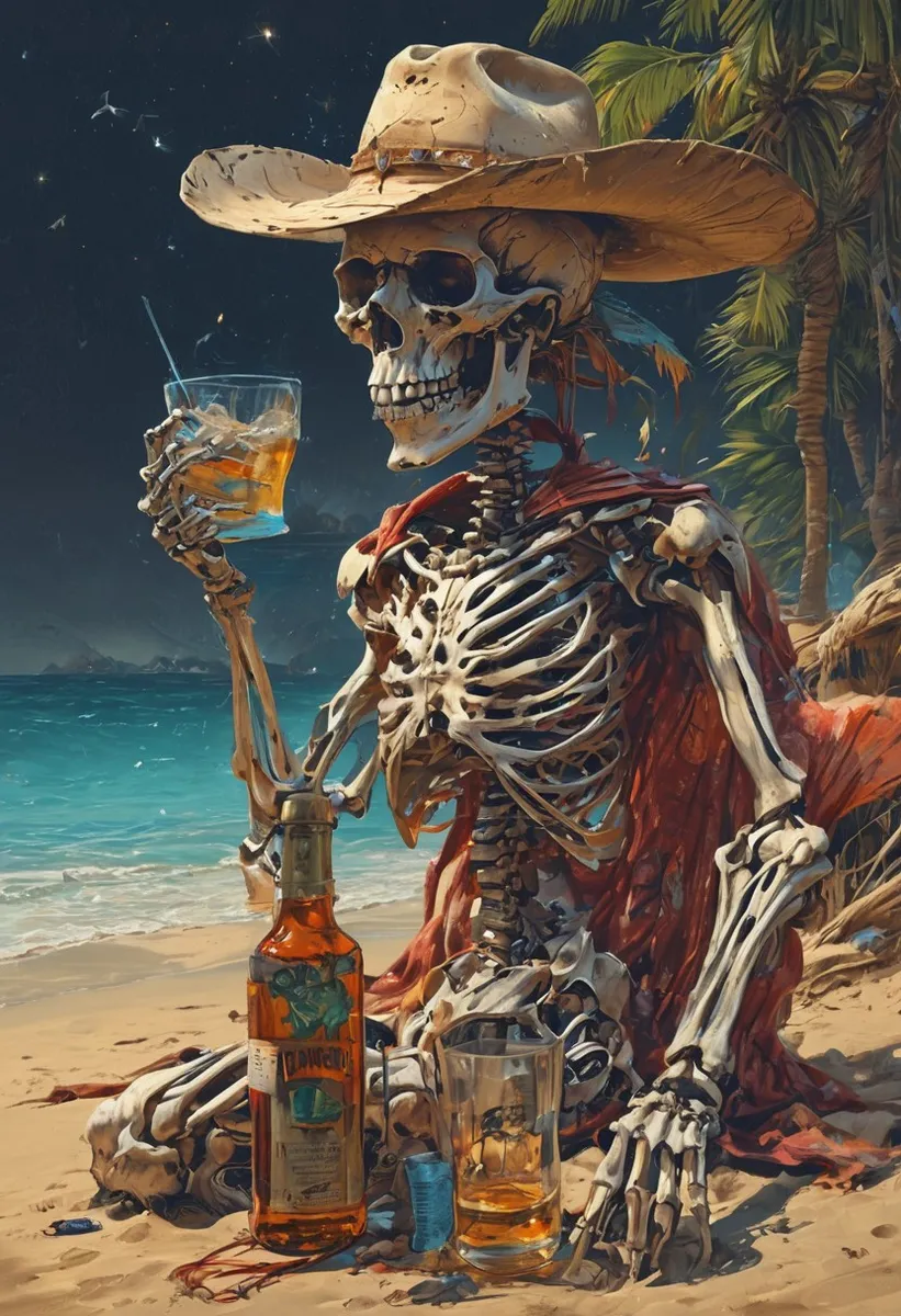 A skeleton wearing a large cowboy hat and a red cloth lounges on a tropical beach at night, holding a glass of whiskey with a bottle beside it.