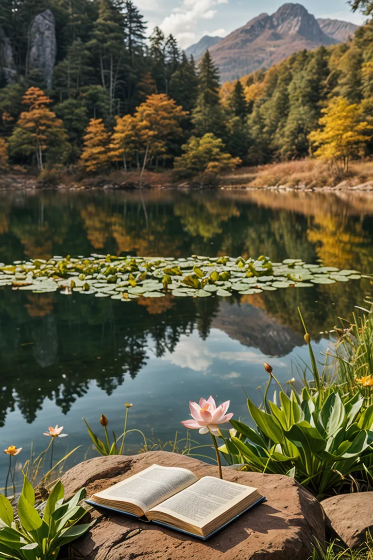 A tranquil lake surrounded by autumn trees with yellow and orange leaves reflecting on the water, a lotus flower blooming near an open book resting on a rock.