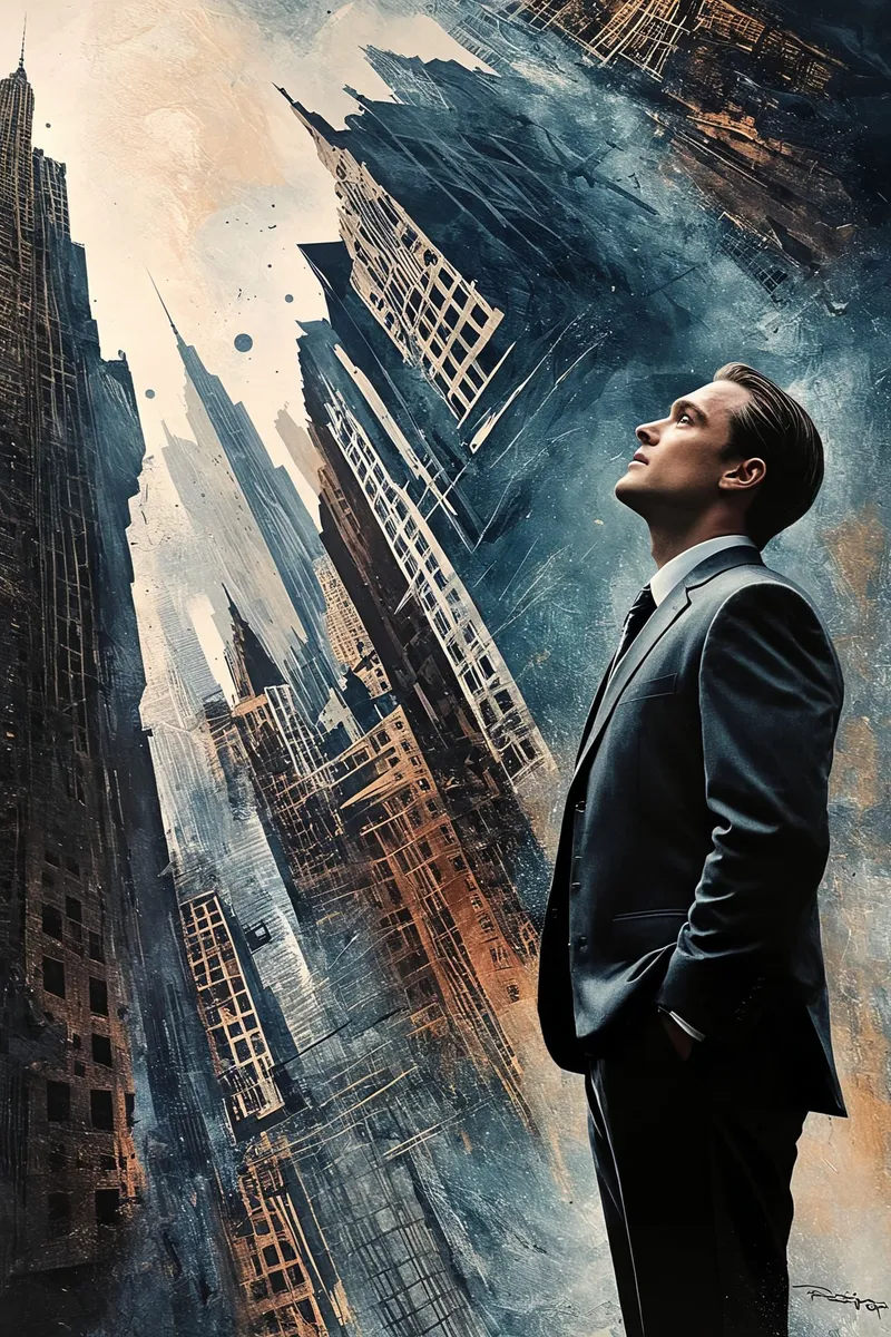 Surreal Inception movie poster featuring a man in a suit looking up amidst abstract textured cityscape with tall buildings.
