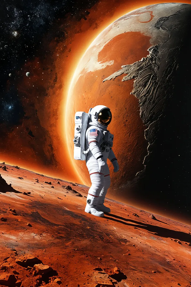 Astronaut in a white space suit standing on the rocky, reddish surface of Mars with a large planet and stars visible in the background.