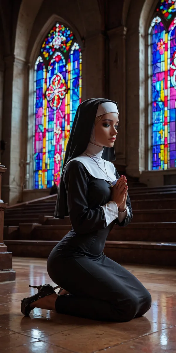 A full body portrait of a woman dressed as a nun in a black and white outfit kneeling and praying inside a church with colorful stained glass windows in the background.