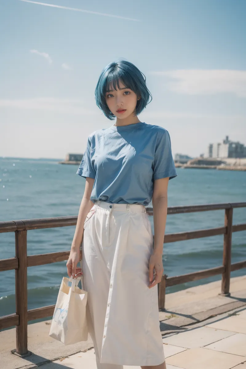 Portrait of a cute girl with blue hair standing outdoors by the seaside, wearing a blue t-shirt and white skirt, holding a beige tote bag.