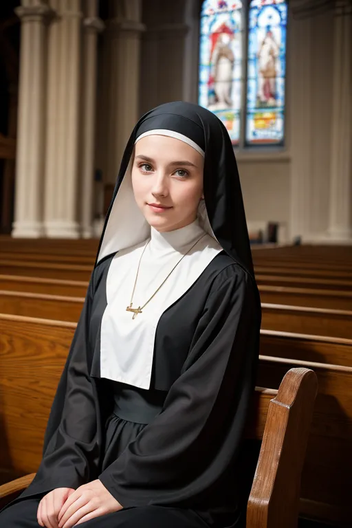 Young woman dressed as a nun sitting in a church pew wearing a black veil and a white collar, with a cross necklace, in front of stained glass windows.
