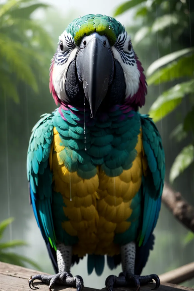 Colorful pet parrot sitting on a branch with rain-soaked feathers, showing vibrant green, yellow, and blue plumage in a tropical setting.