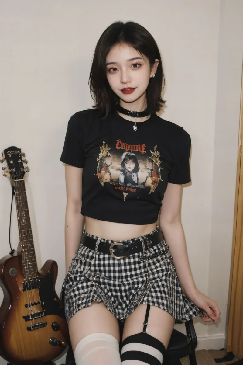 A young woman with short black hair wearing black lips makeup and black eyeshadow, dressed in a black cropped punk-style t-shirt and a short black-and-white plaid skirt, accessorized with a choker necklace, sitting beside an electric guitar.