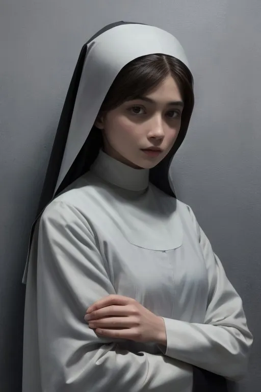 Portrait of a young nun wearing a traditional religious habit with a white headpiece and modest white clothing against a gray background