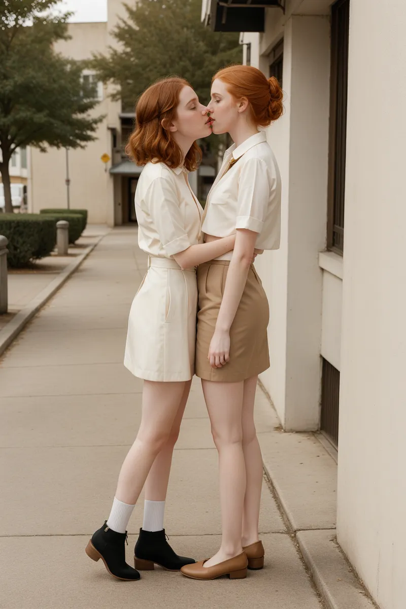 Two slender pale-skinned ginger girls share a kiss on a sidewalk near a building, styled with muted tones and symmetrical composition reminiscent of Wes Anderson.